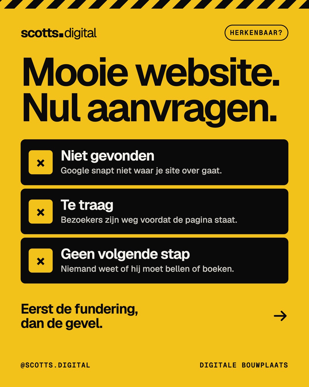 Instagram-post van Scott: "Onze site ziet er goed uit, maar er komt niks binnen."