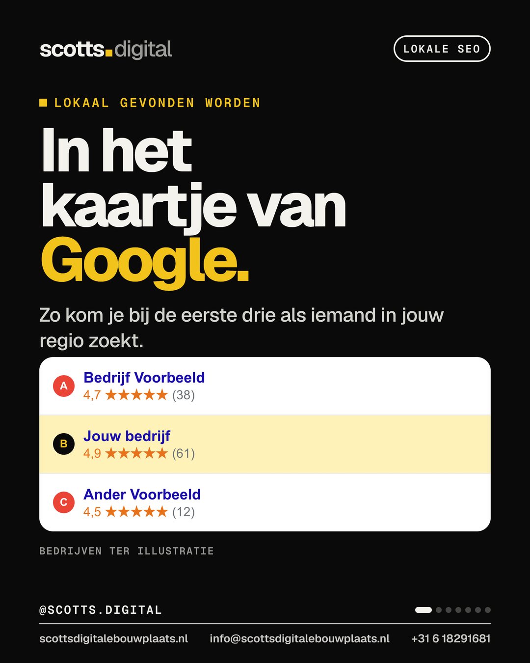 Instagram-carrousel van Scott: Iemand zoekt "schilder in de buurt". Sta jij in het kaartje, of je concurrent?
