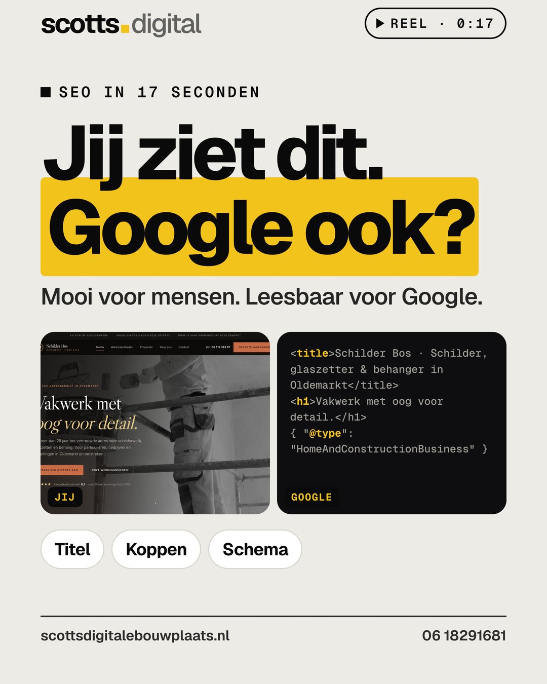 Instagram-reel van Scott: Jij ziet een mooie site. Google ziet code.