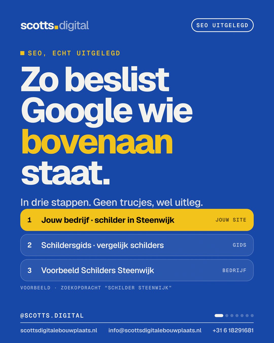 Instagram-carrousel van Scott: Zo beslist Google wie er bovenaan staat. Niet met trucjes, maar in drie stappen.